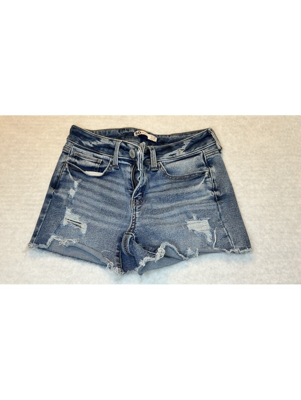 SO Women's Blue Distressed Denim Cut Off Shorts Low Rise Hi-Lo 5/27W Zip